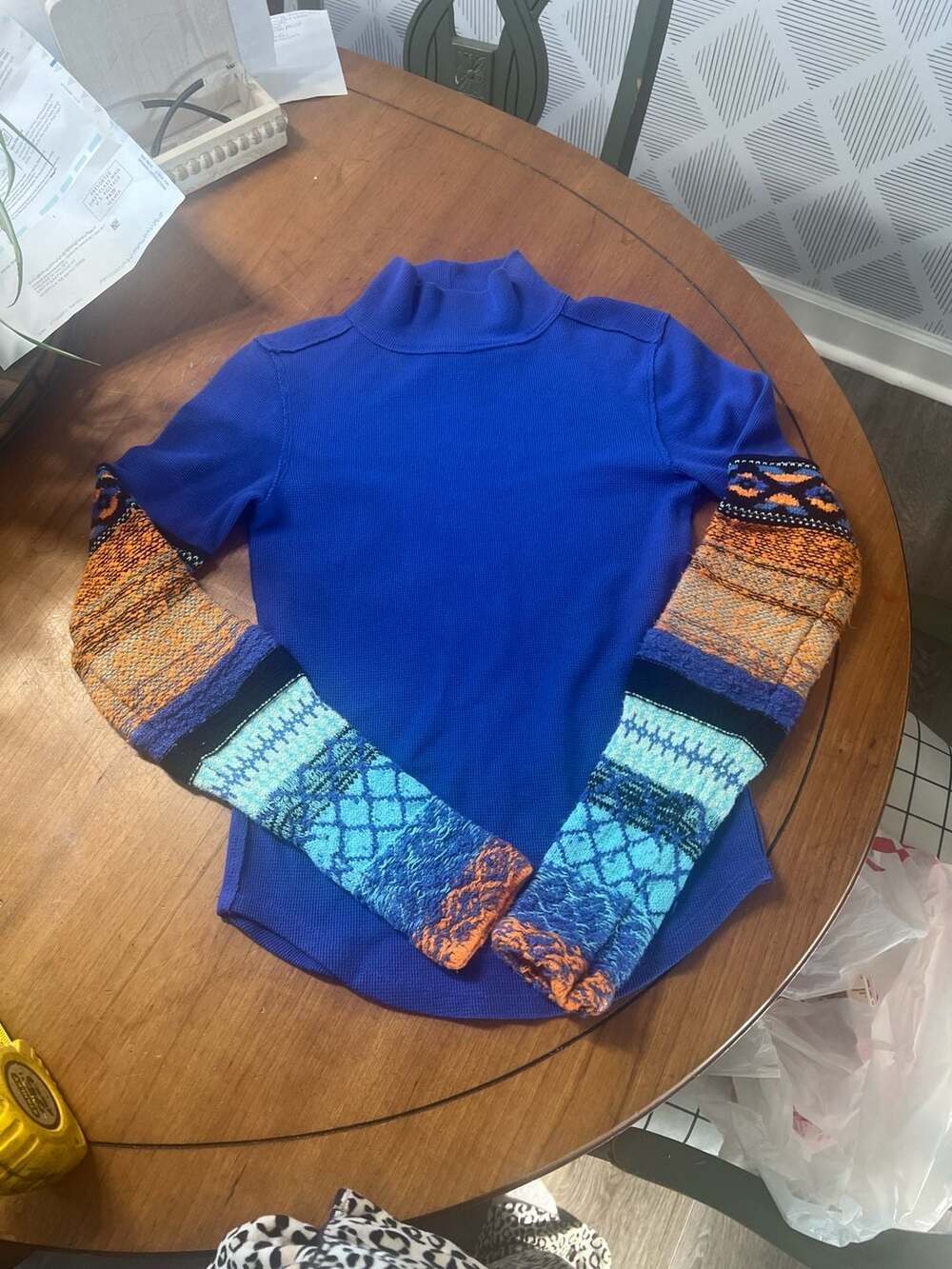 We The Free Free People All Too Well Thermal Cuff Mock Neck Top Blue Size Small